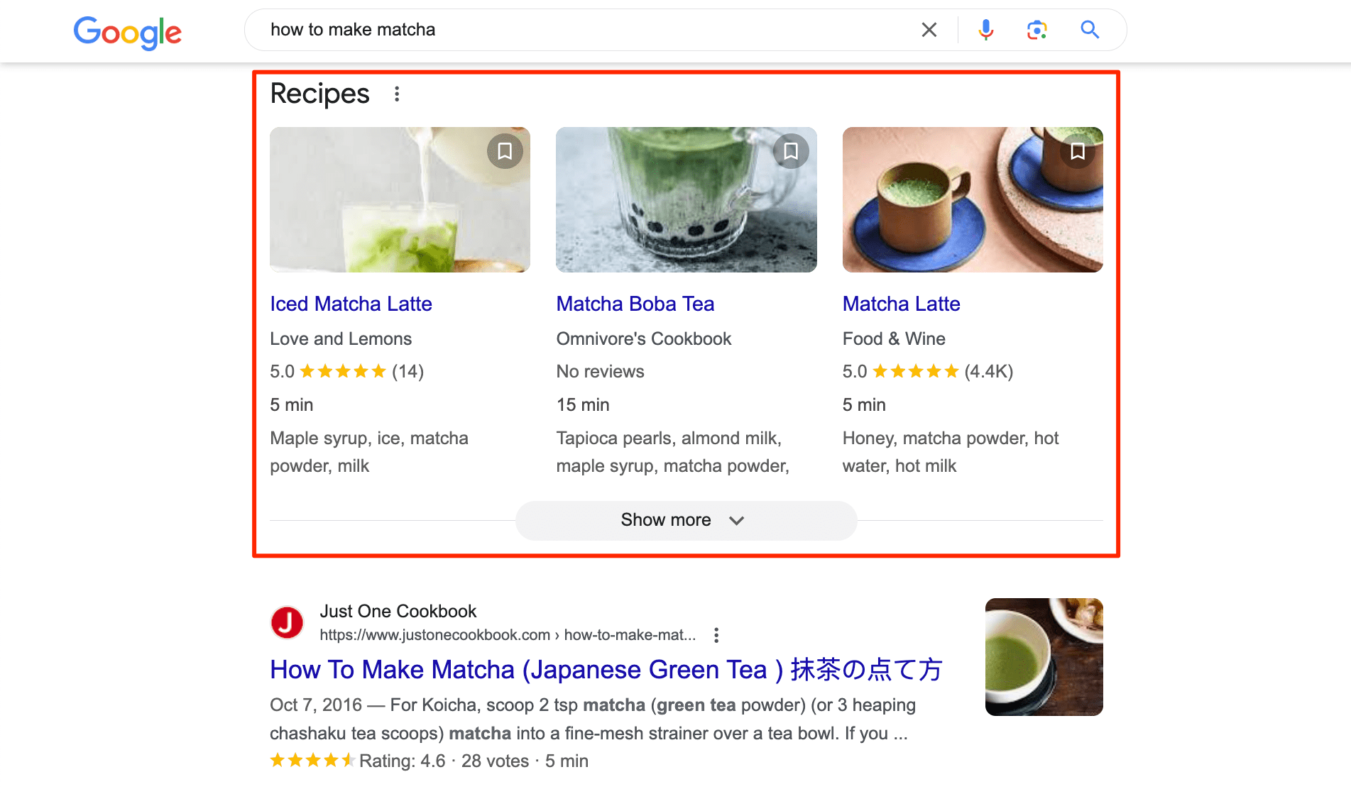 example of recipe SERP snippet recipe snippet