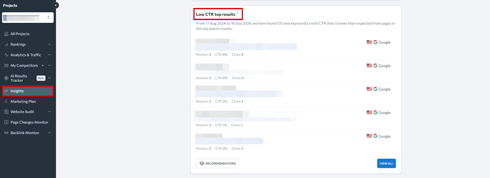 SE Ranking's Insights tool Low CTR report SE Ranking's Insights tool