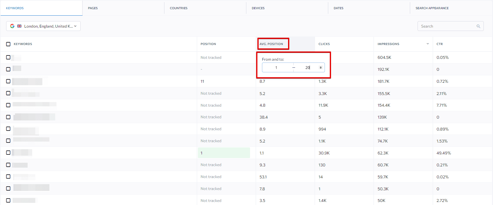 Google Search Console data in SE Ranking. Filtering by average position GSC data in SE Ranking. Filtering by average position