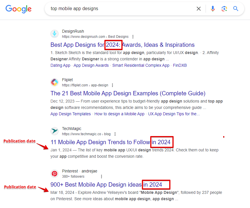 Freshness in the SERP Freshness indicators in the SERP