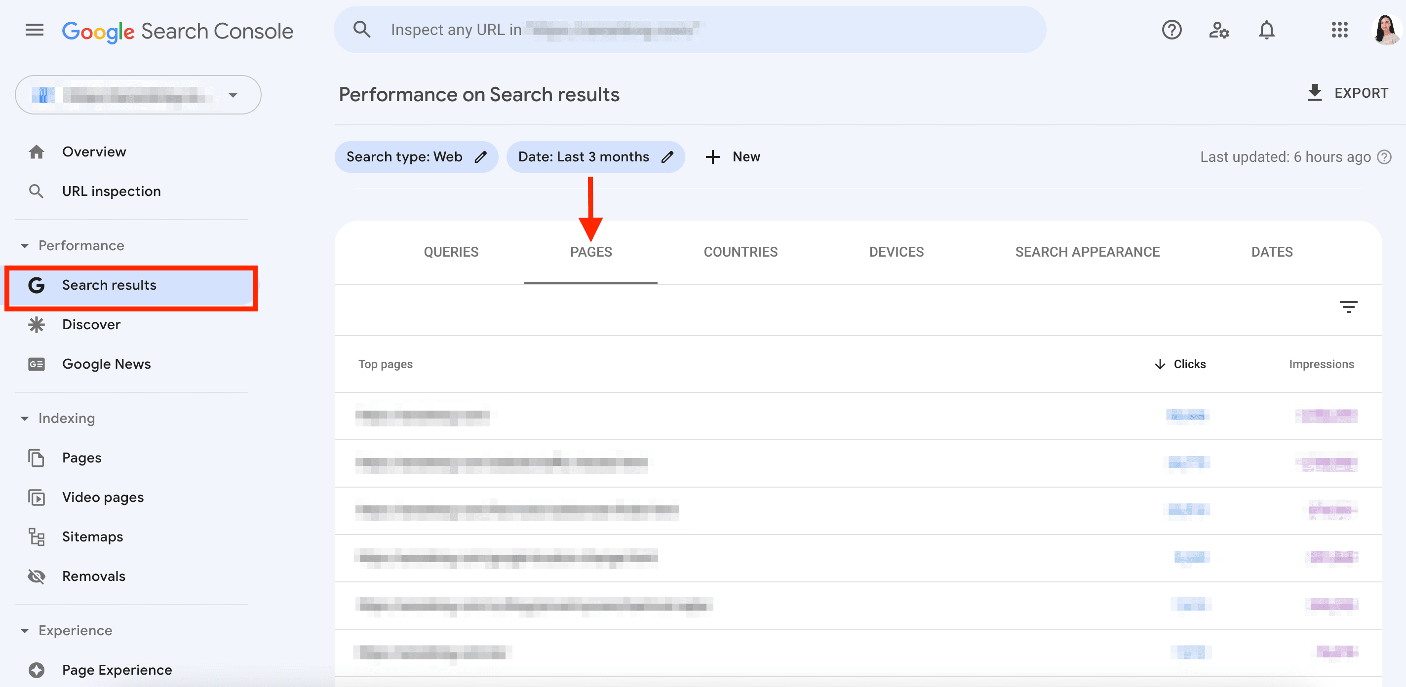 Pages tab in Google Search Console Pages tab in GSC