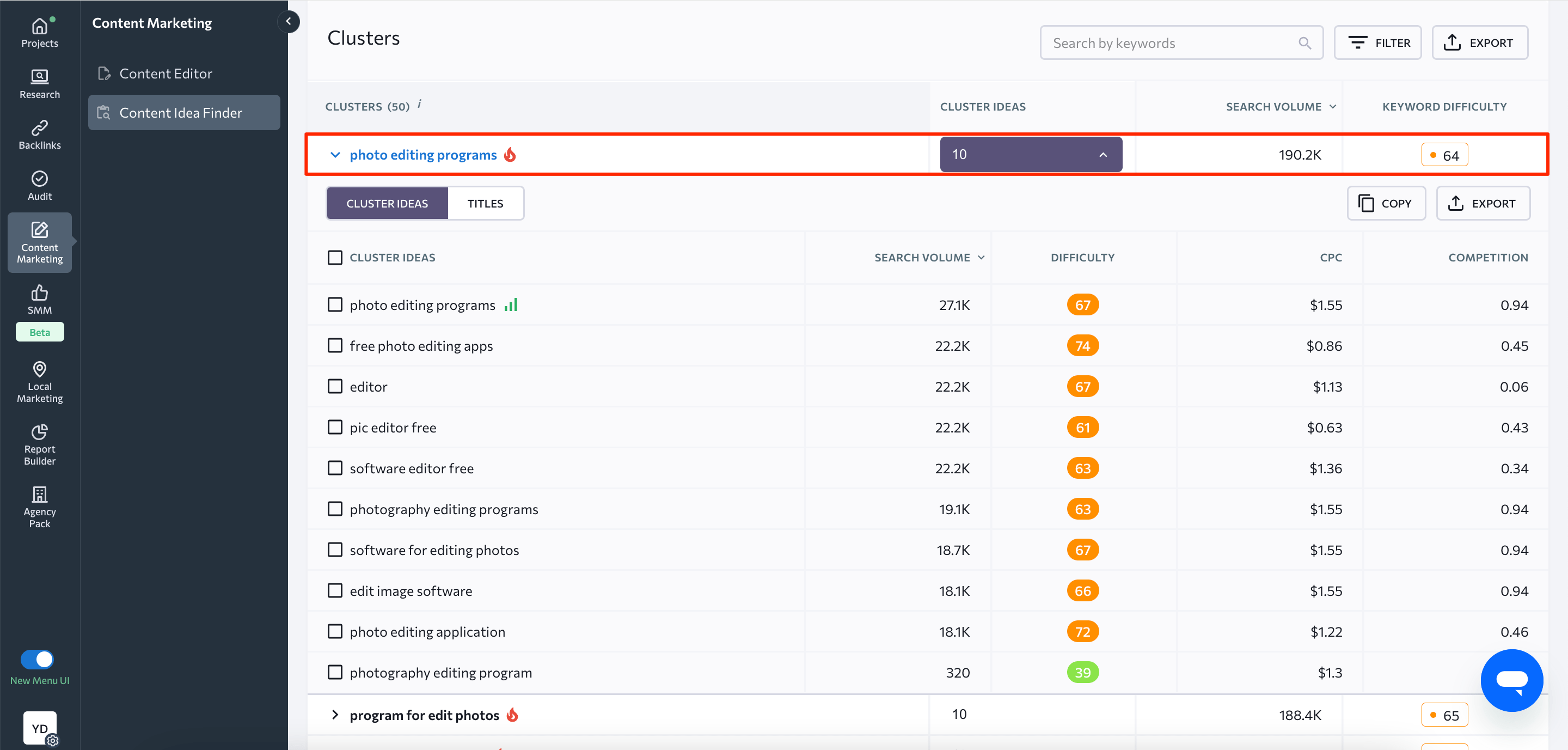 Content clusters in Idea Finder