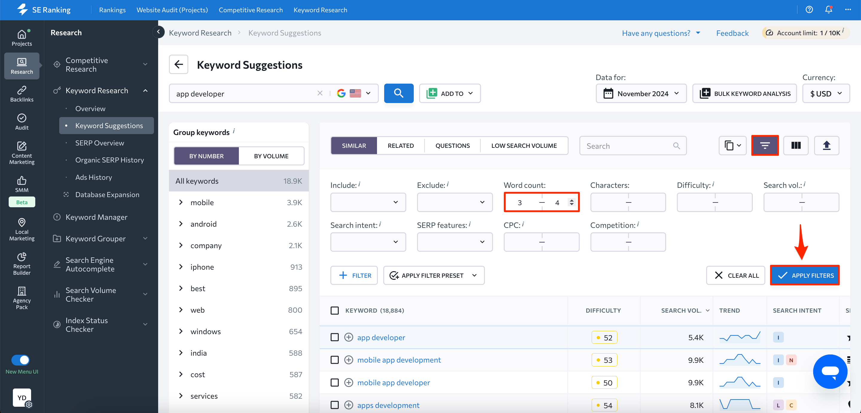 Filter siggested keywords by word count