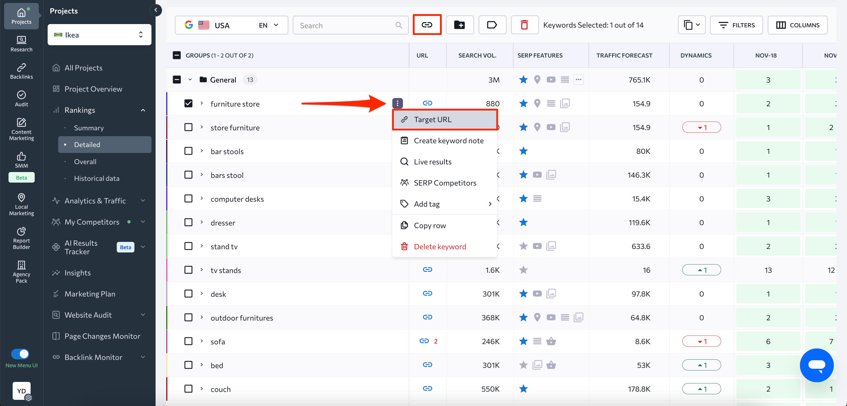 Set up target URL for the keyword
