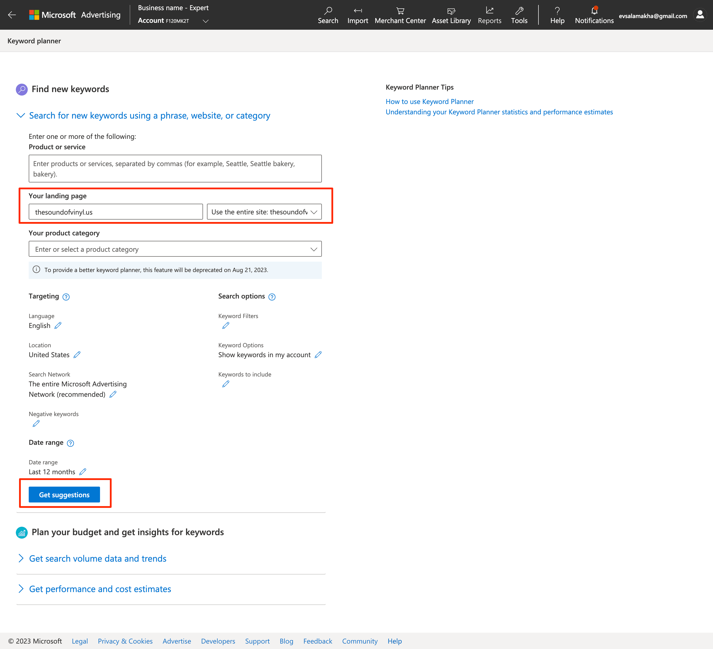 Add website and choose relevant settings in Bing keyword Planner Add website to Bing Keyword Planner