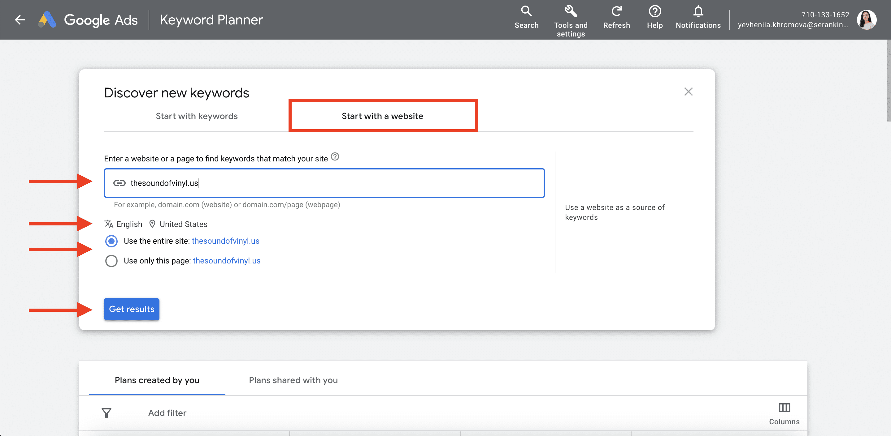 Google Keyword Planner settings Add website to find keywords with GKP