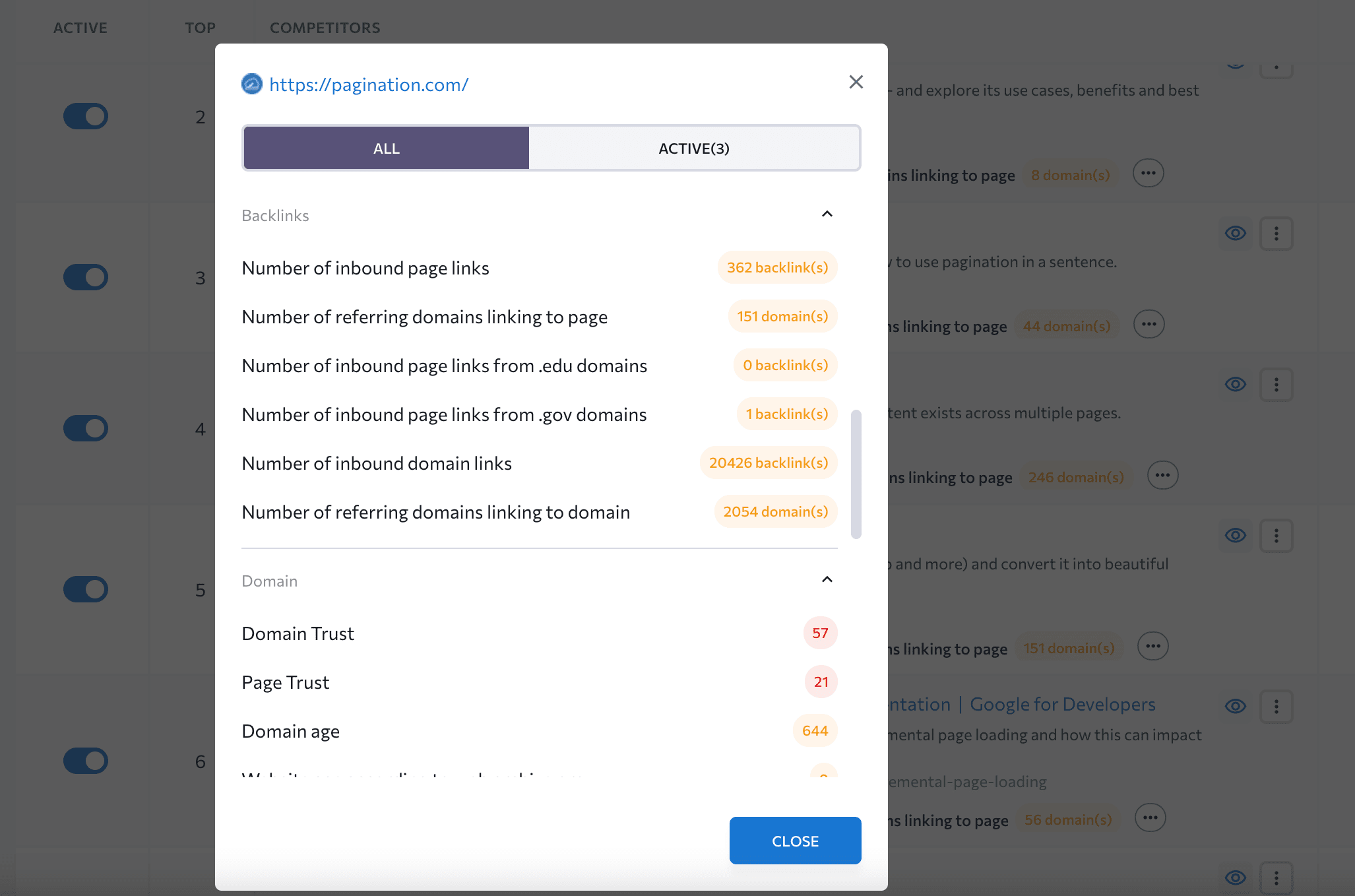 Domain metrics and backlink profiles Domain metrics and backlink profiles in SERP Analyzer