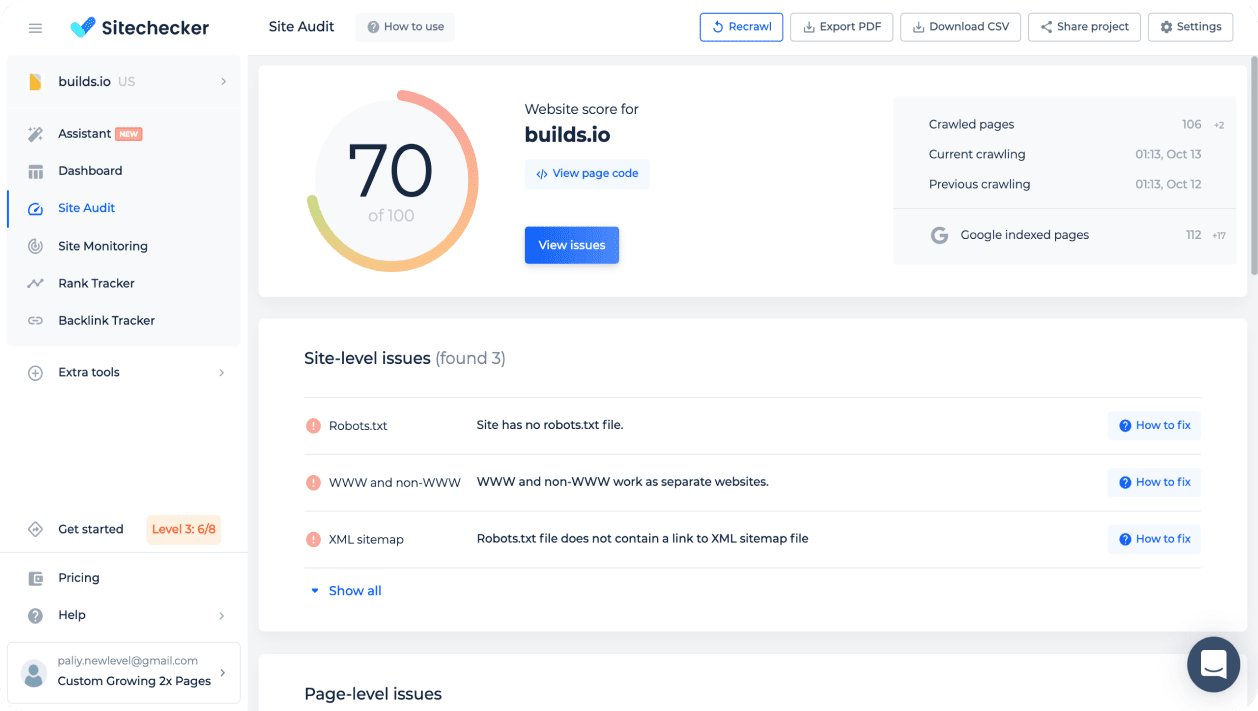 Sitechecker app interface Sitechecker interface