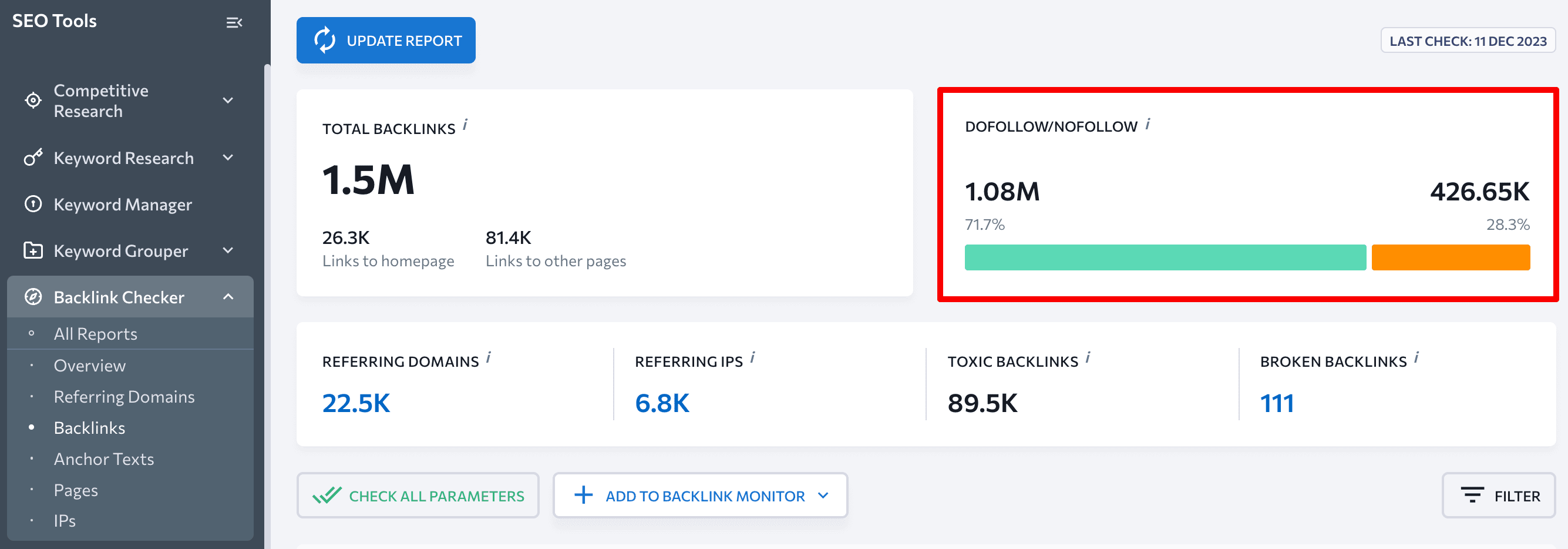 Distribution of nofollow/dofollow links Distribution of nofollow/dofollow links in SE Ranking's Backlink Checker