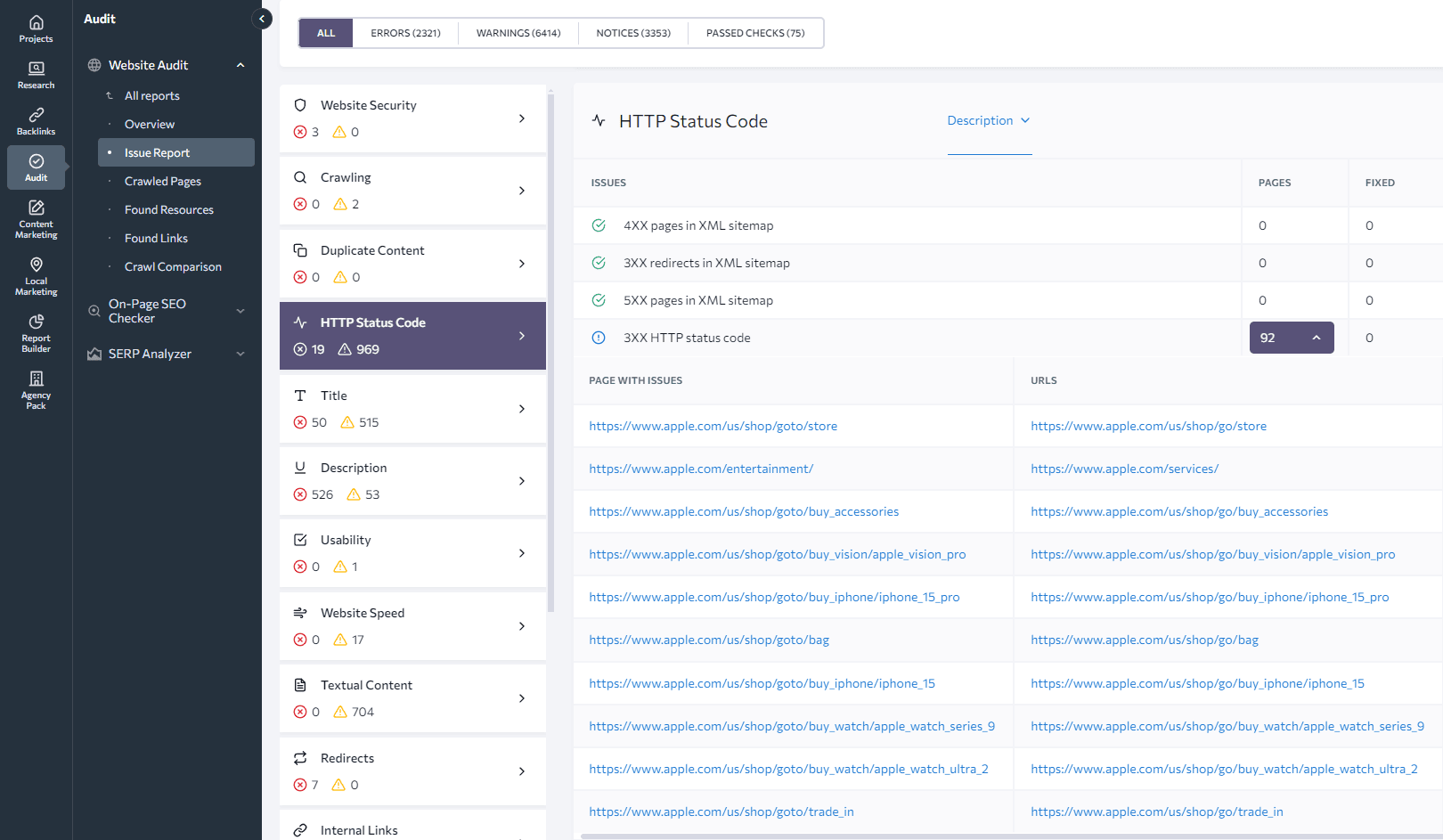 Issue Report tab with a group of 3XX issues Issue Report tab with 3XX redirects