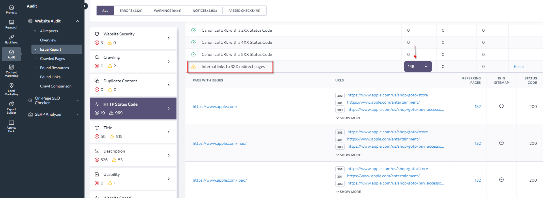Internal links leading to the pages with 3xx redirects Internal links to the pages with 3xx redirects