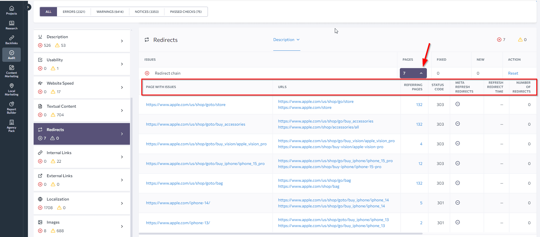 Expanded list with redirect chains Redirect chains expanded list