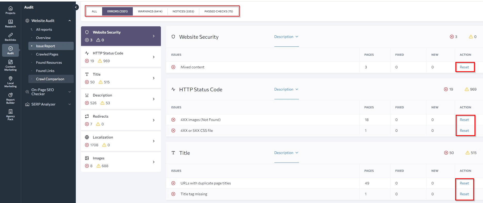Website security tab with filters Website security tab