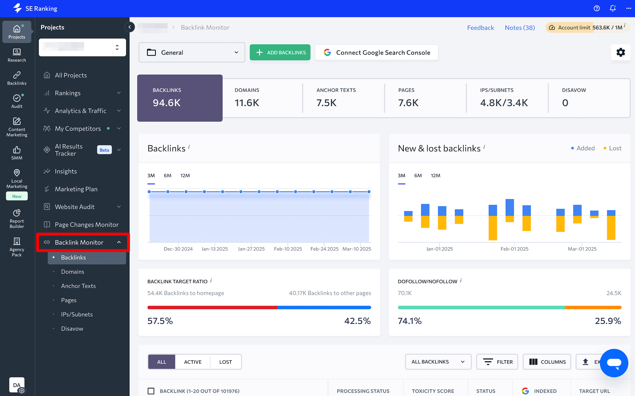 SE Ranking’s Backlink Monitor SE Ranking’s Backlink Monitor tool