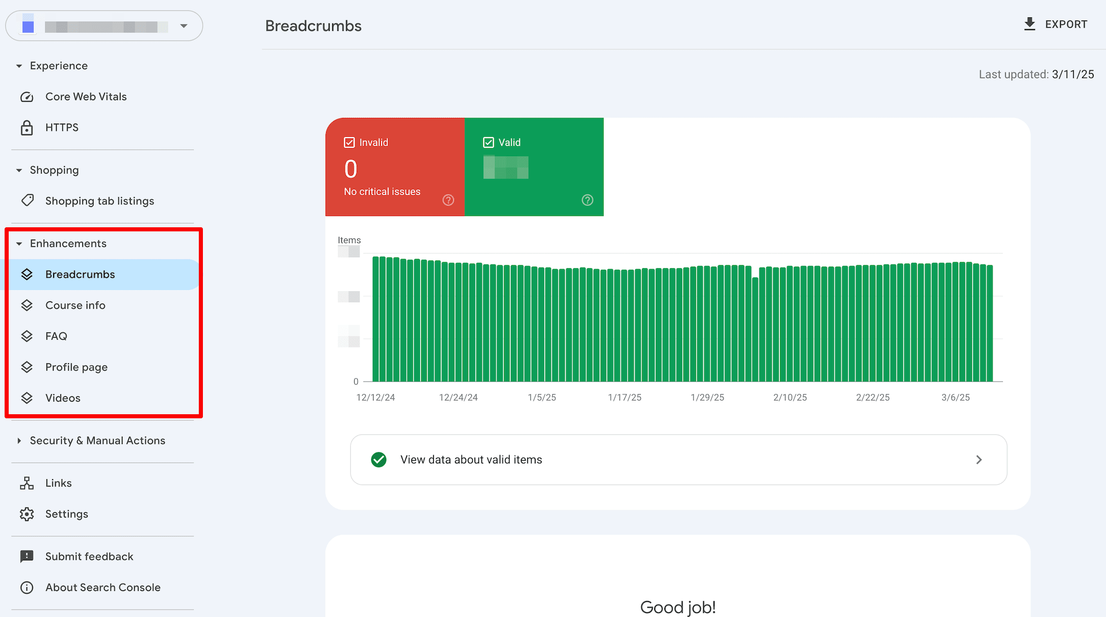 Enhancements report Enhancements report in GSC