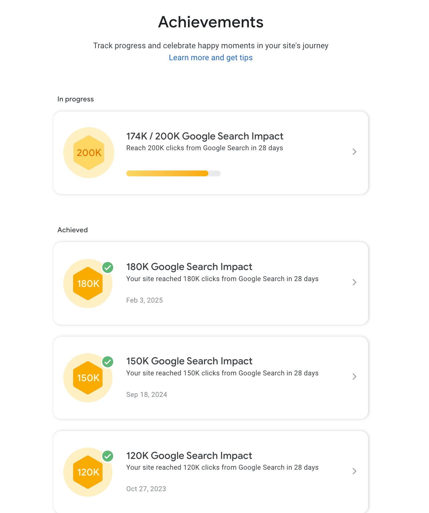Achievements feature Achievements feature in Google Search Console