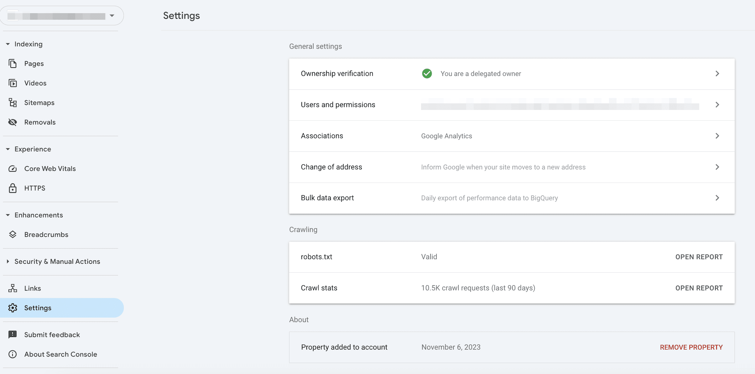 Settings page Settings page in GSC