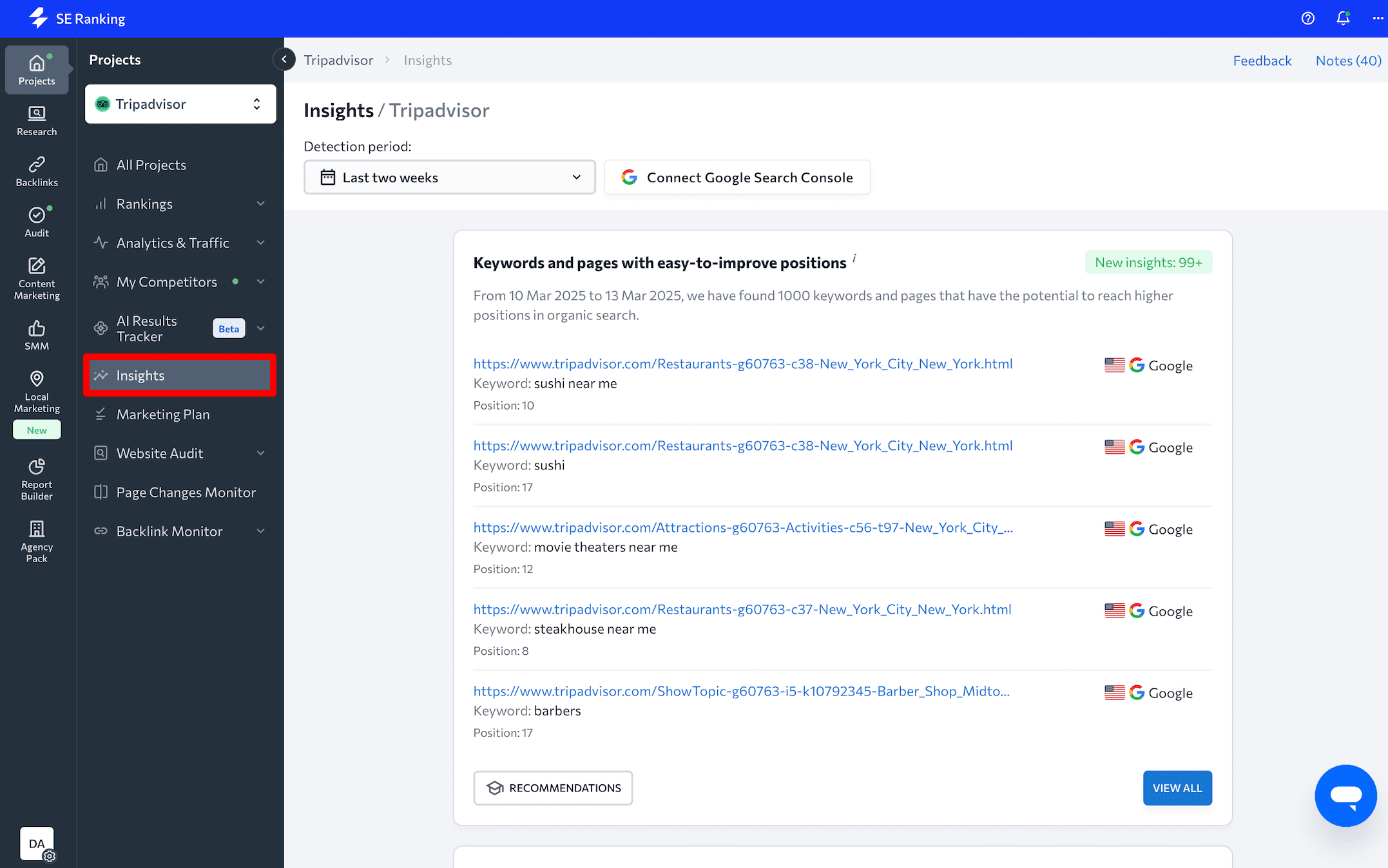 SE Ranking’s Insights SE Ranking’s Insights feature
