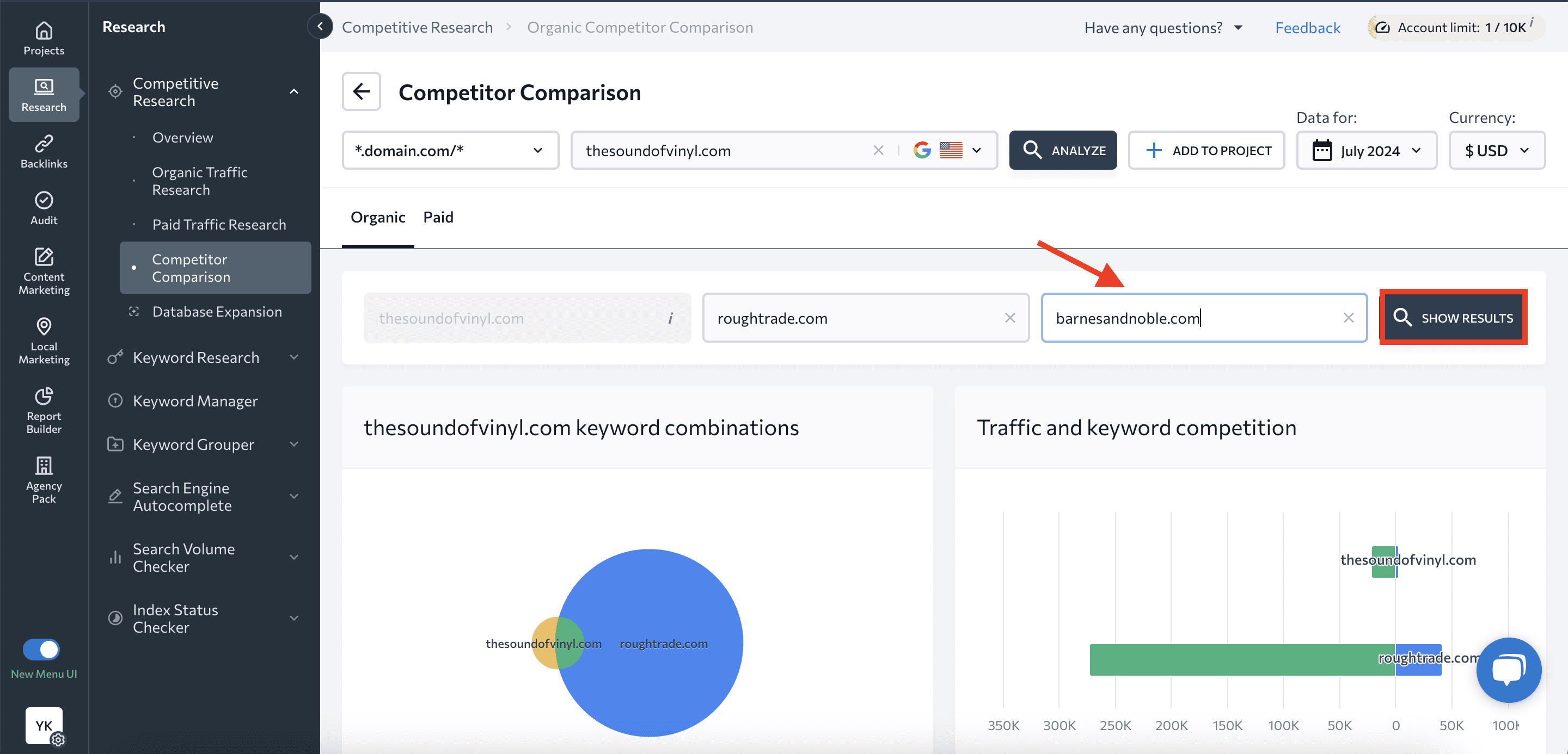 Add websites to compare keywords Adding websites for comparison