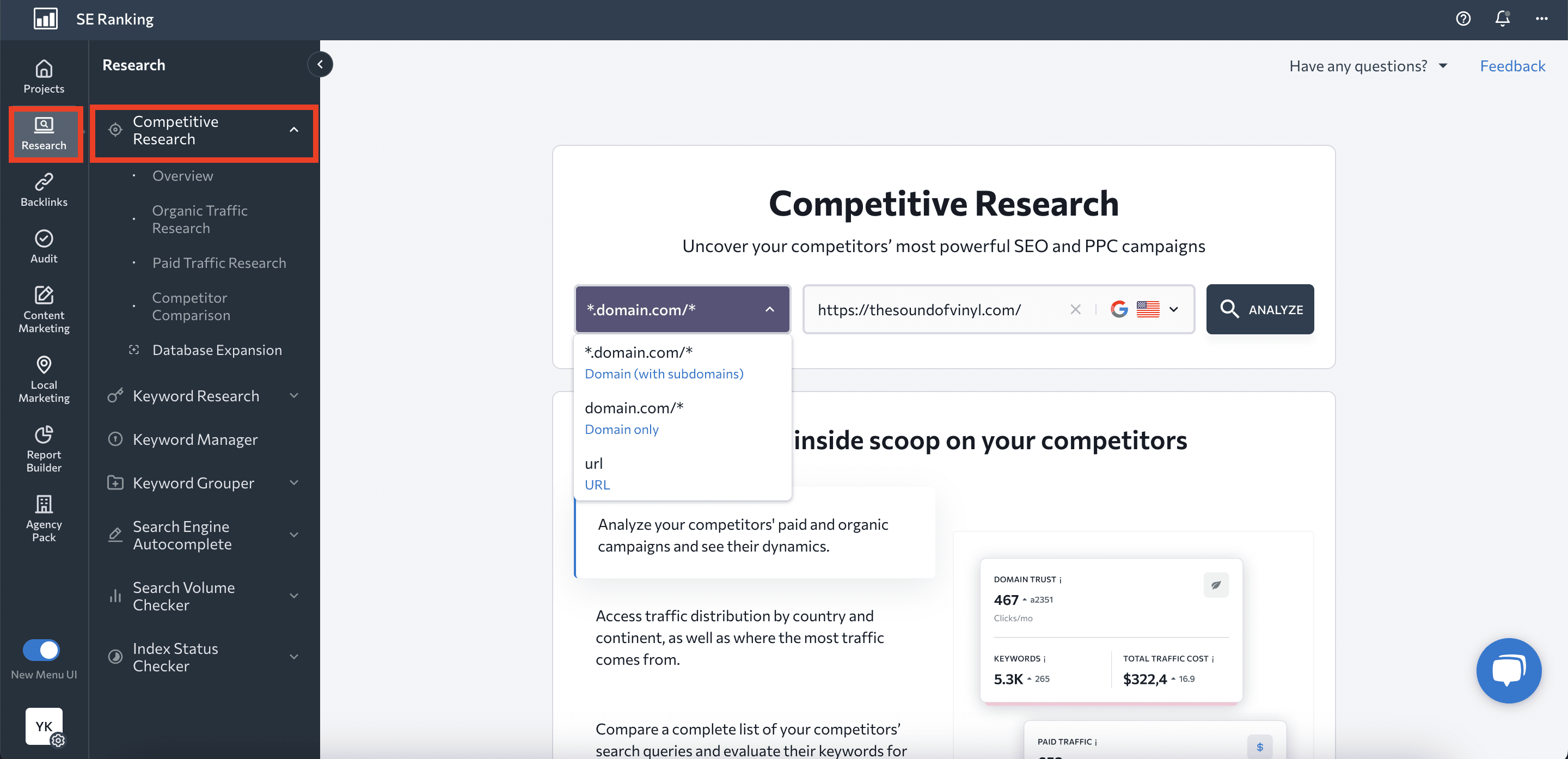 Competitive Research settings Input information for competitive research