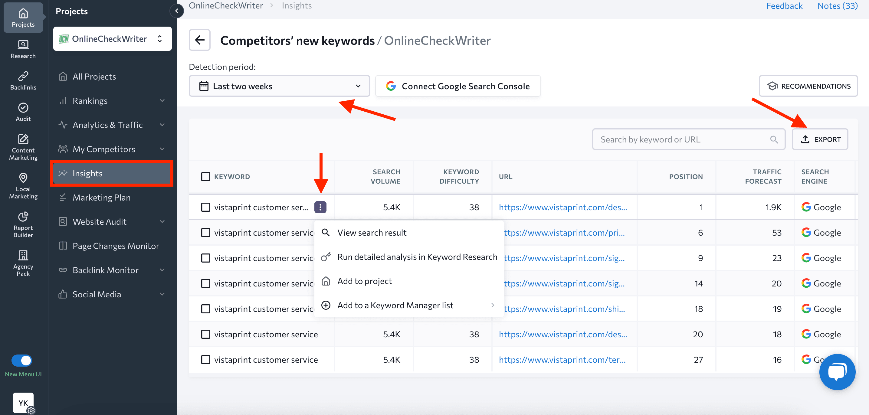Detailed information on the competitors' new keywords in SE Ranking's Insights tool Detailed information on the competitors' new keywords