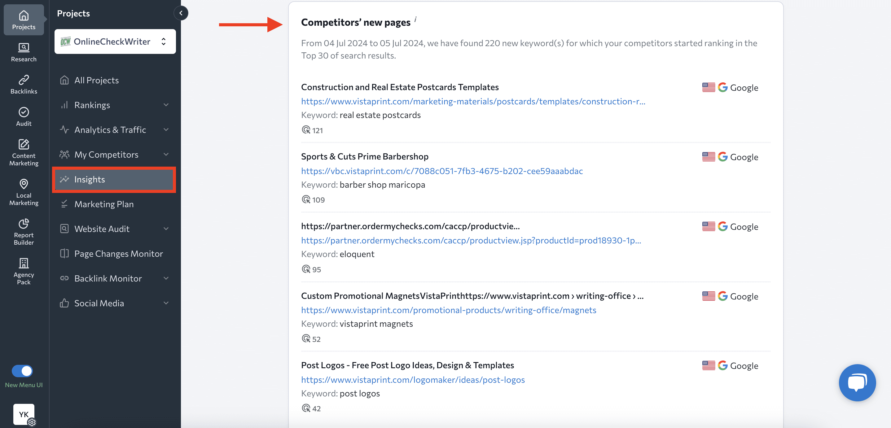 The list of competitors' new pages in the Insights tool Competitors' new pages in the Insights tool