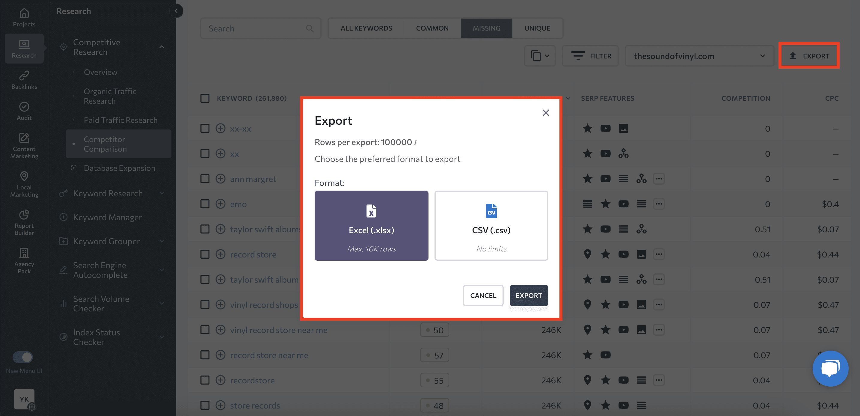 Export the list of missing keywords Export missing keywords from Competitive Research
