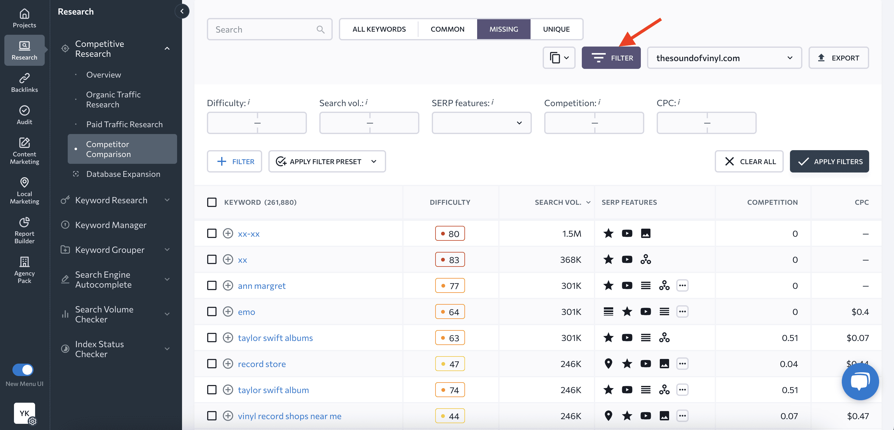 Missing keywords filters Filters in Competitive Comparison