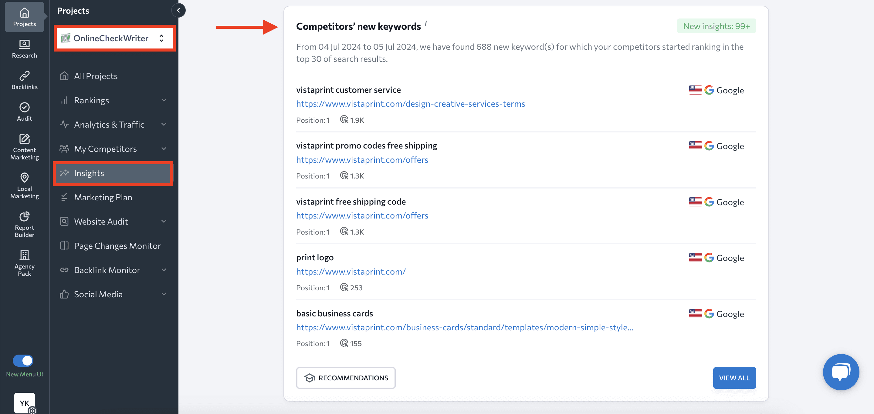 Competitors' new keywords in the SE Ranking's Insights Tool Competitors' new keywords in the Insights tool