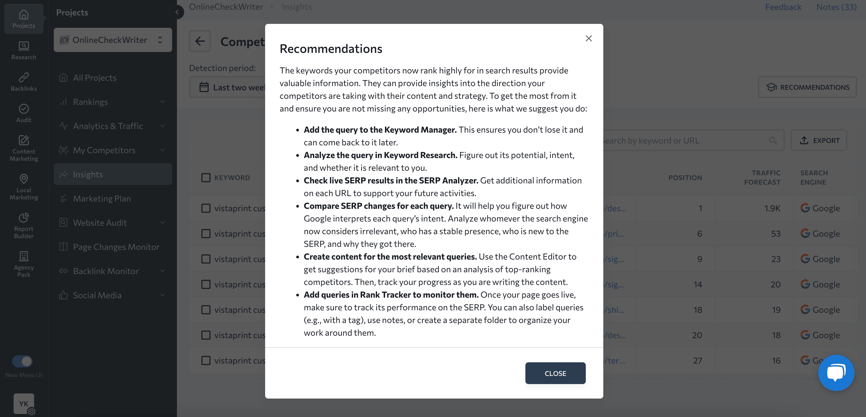 Recomendations on the competitors' new keywords in the Insights tool Recommendations on the competitors' new keywords