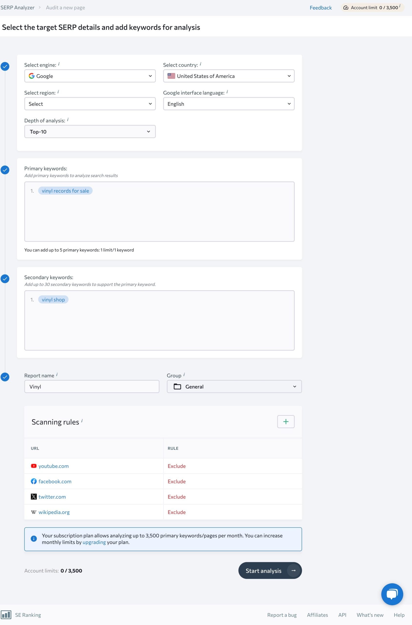 SERP Analyzer settings Input information into SERP Analyzer