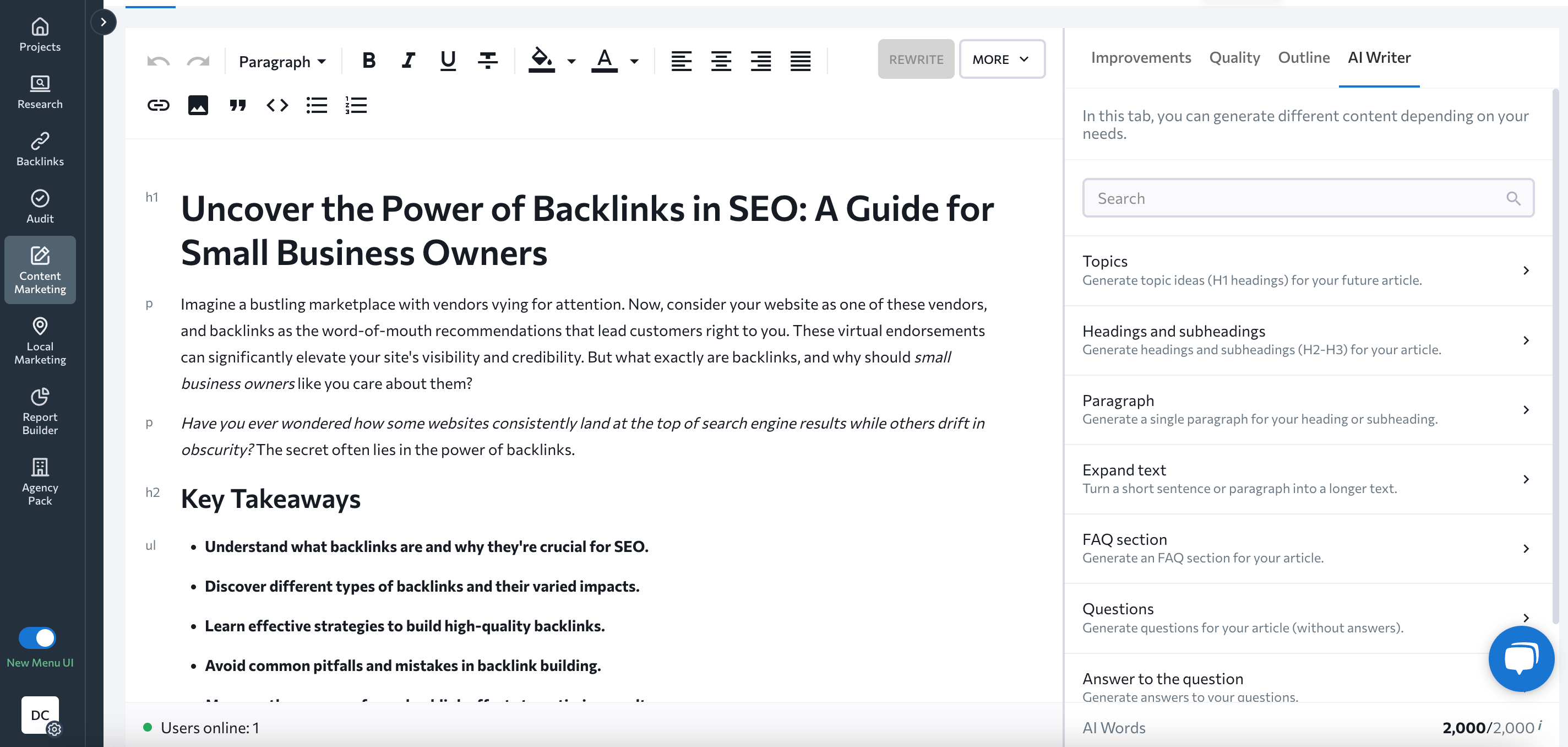 SE Ranking's AI Writer tool AI Writer tool