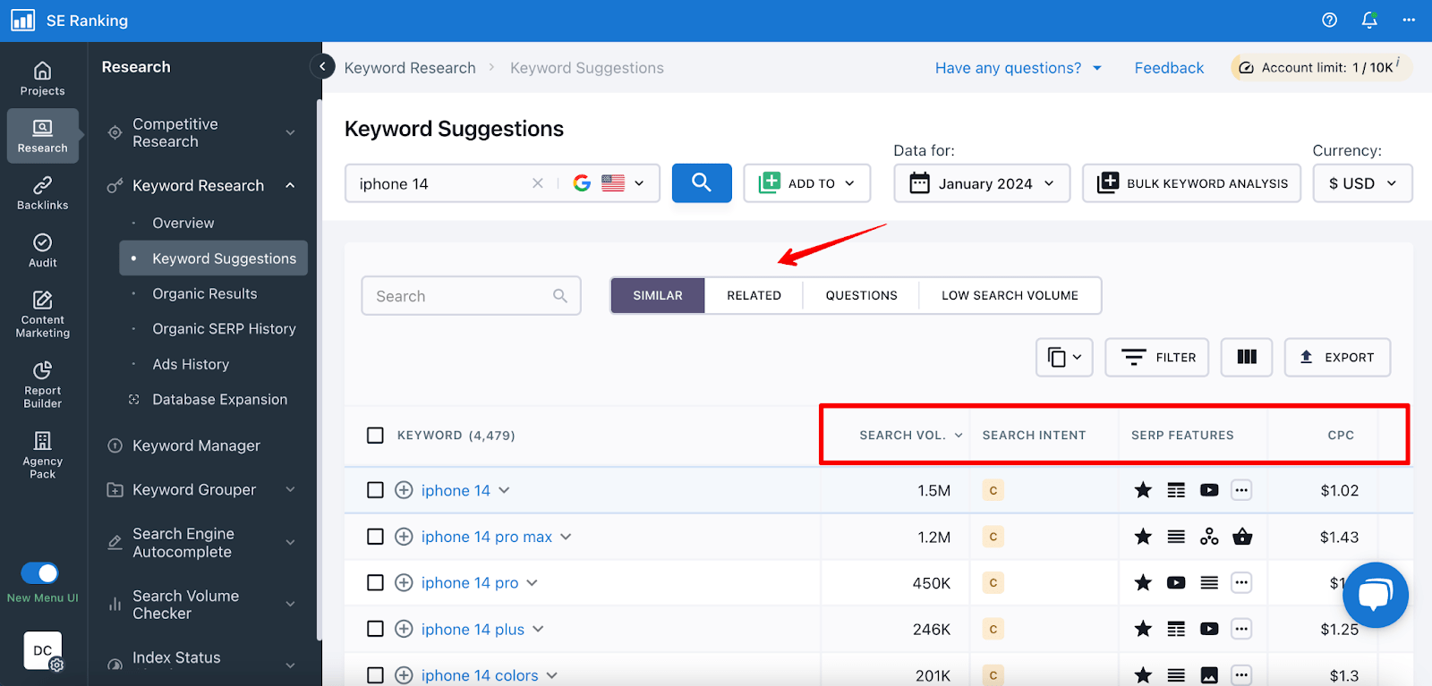 SE Ranking’s Keyword Research SE Ranking’s Keyword Research tool