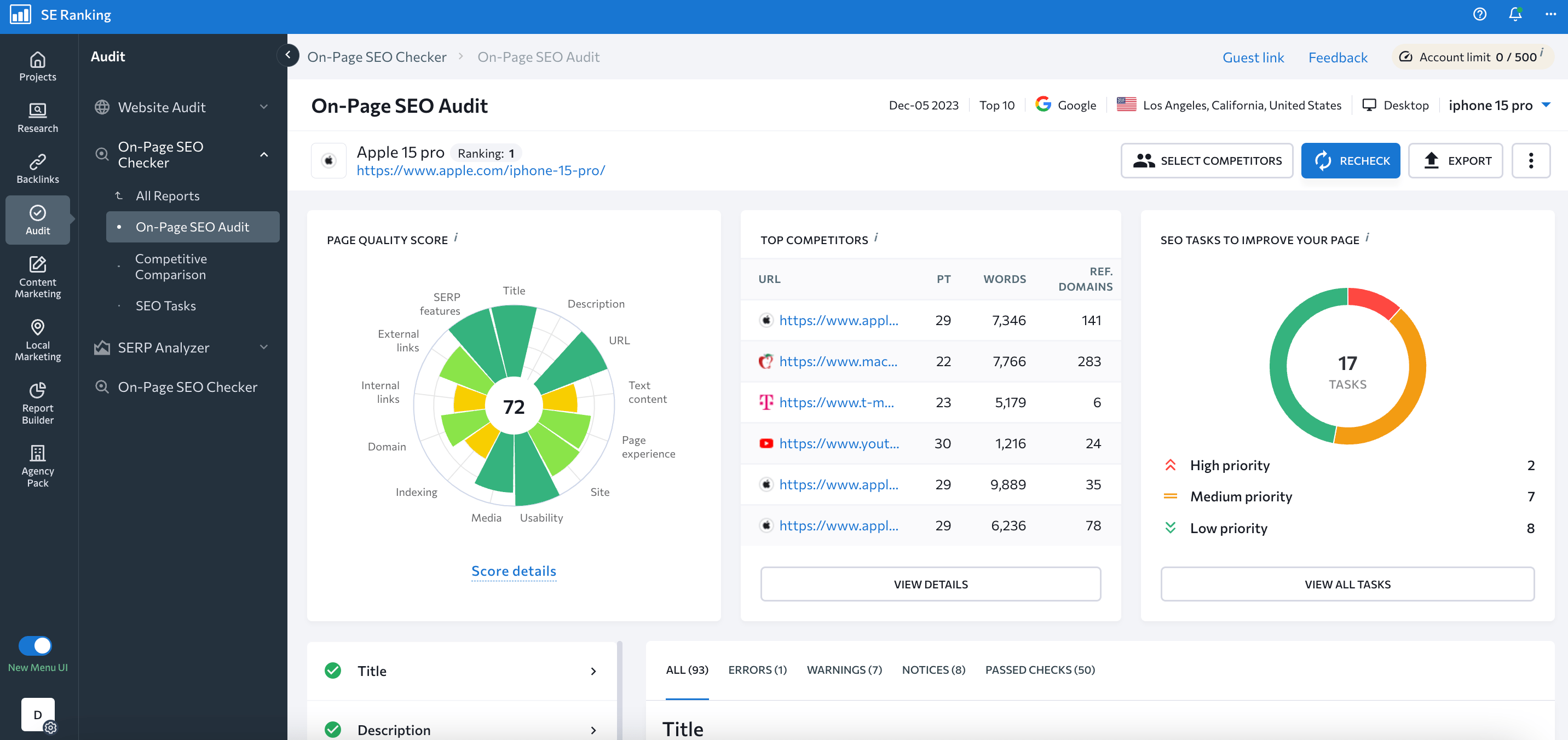 SE Ranking's On-Page SEO Checker tool SE Ranking's On-Page SEO Checker