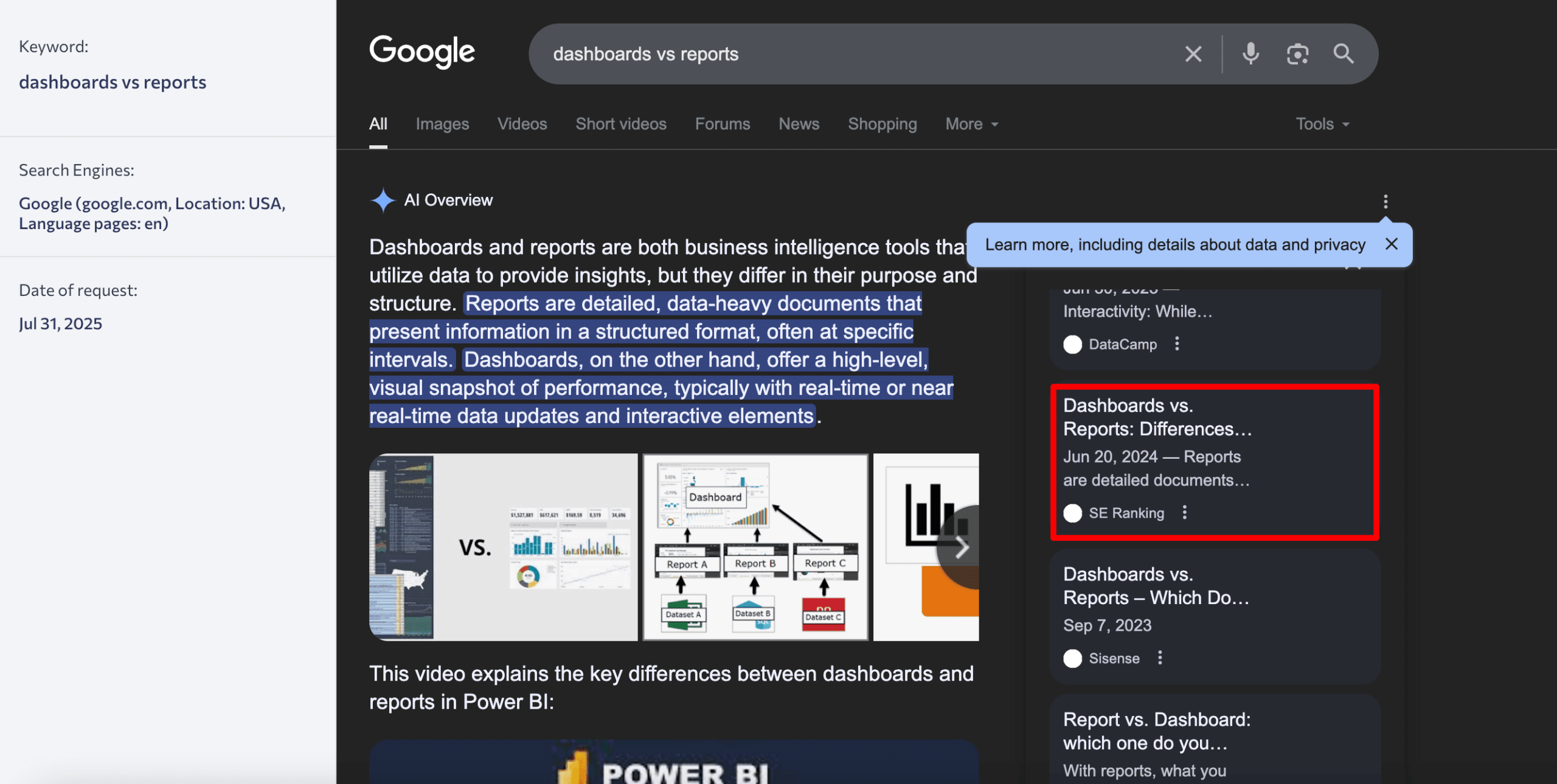 Dashboards vs Reports article in AI Overviews Dashboards vs Reports article in AIOs