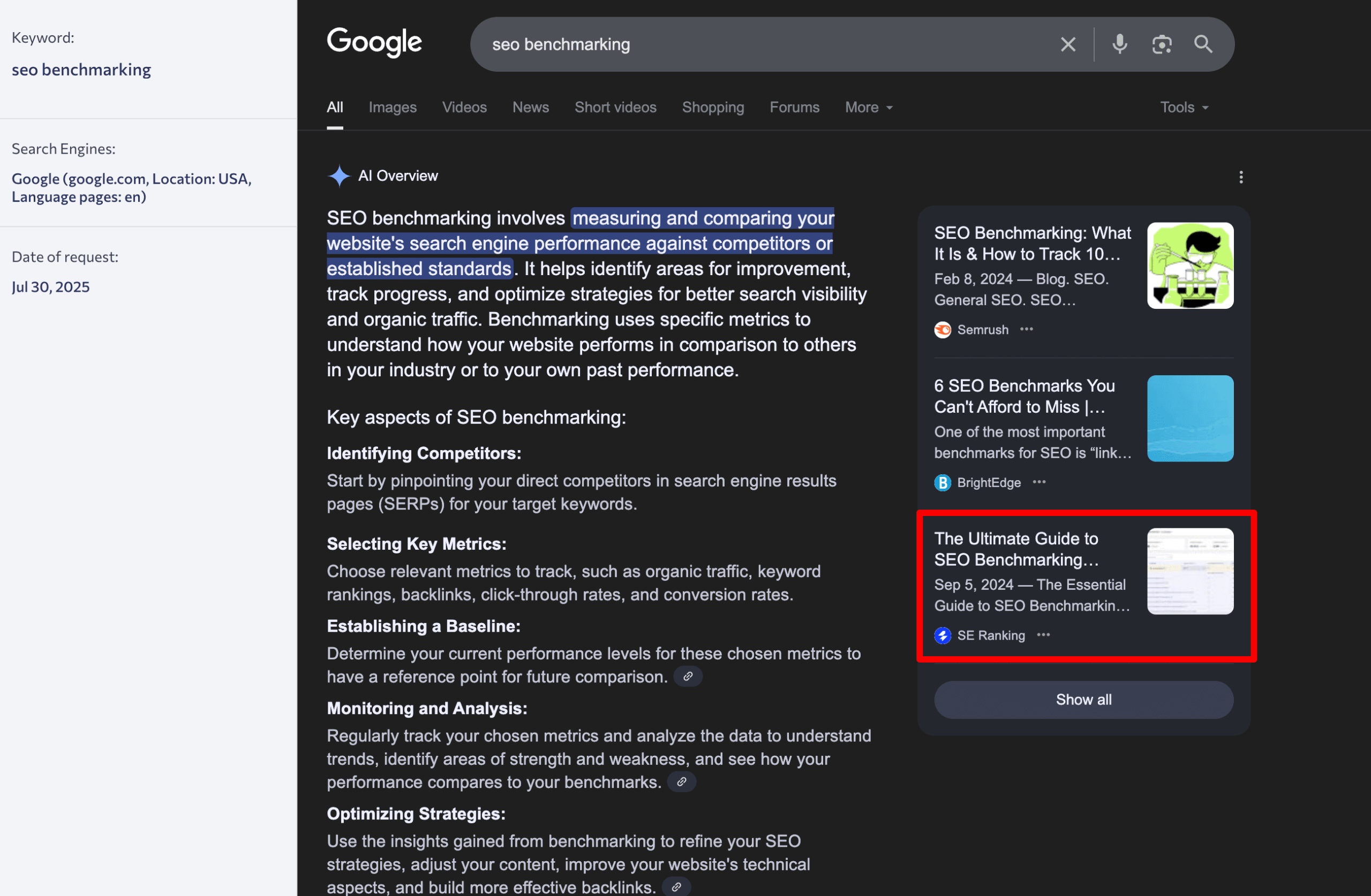 SEO Benchmarking article in AI Overviews SEO Benchmarking article in AIOs