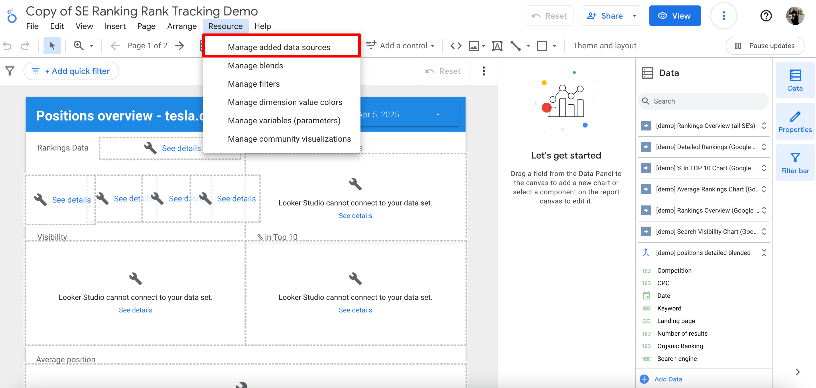 Managing added data sources option in Google Looker Studio Managing added data sources option in Looker Studio