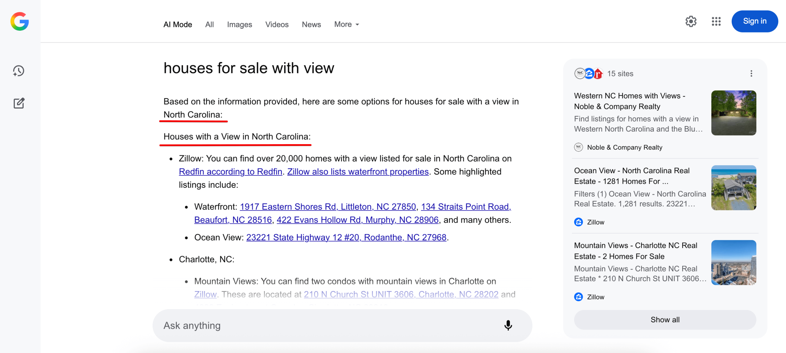 AI Mode location specific answer for North Carolina Example of AI Mode location specific answer for North Carolina