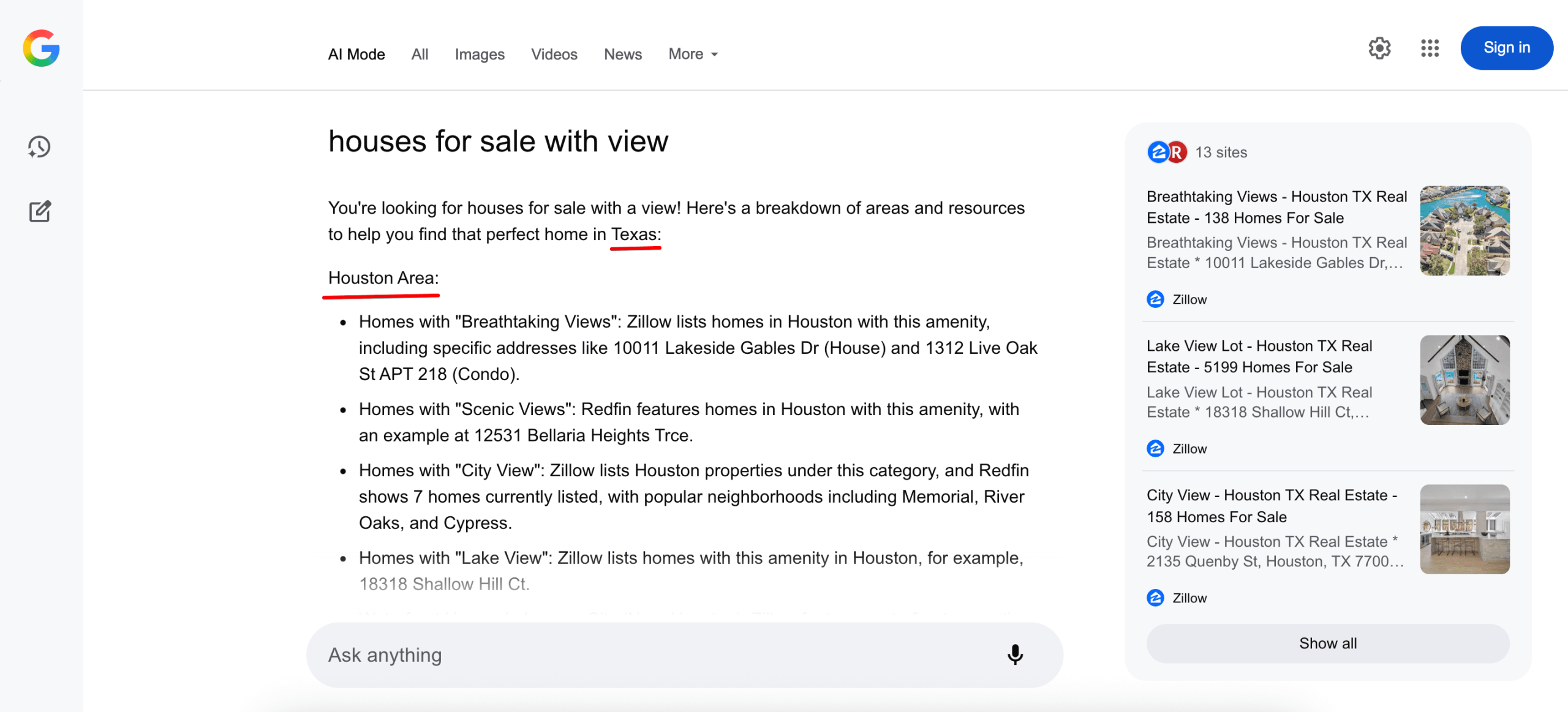 AI Mode location specific answer for Texas Example of AI Mode location specific answer for Texas