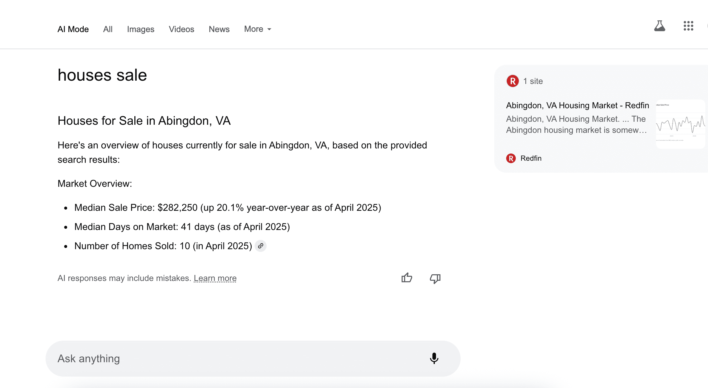 AI Mode answer with one link Example of one link in AI Mode answer