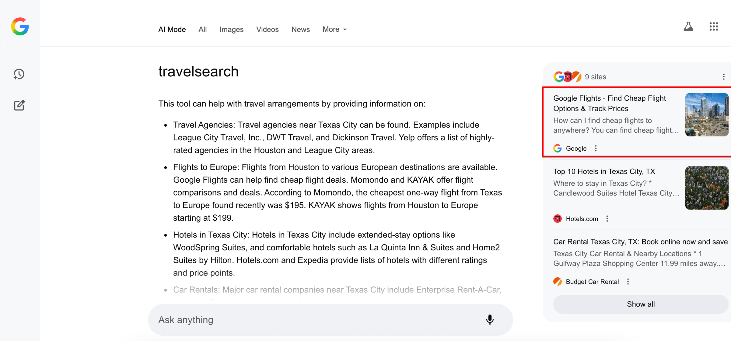 Google Travel in AI Mode links Google travel link in AI Modee