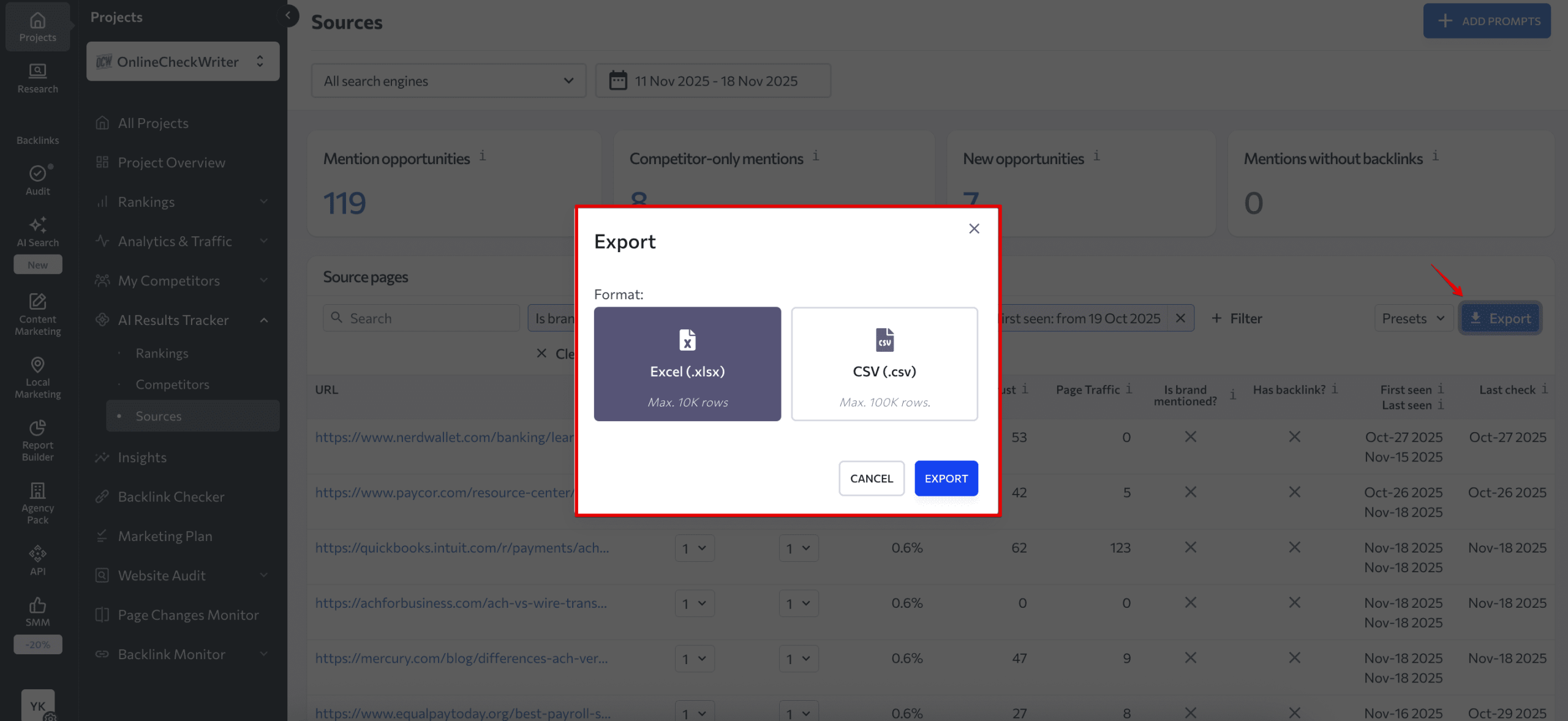 Export data about sources Export Sources data