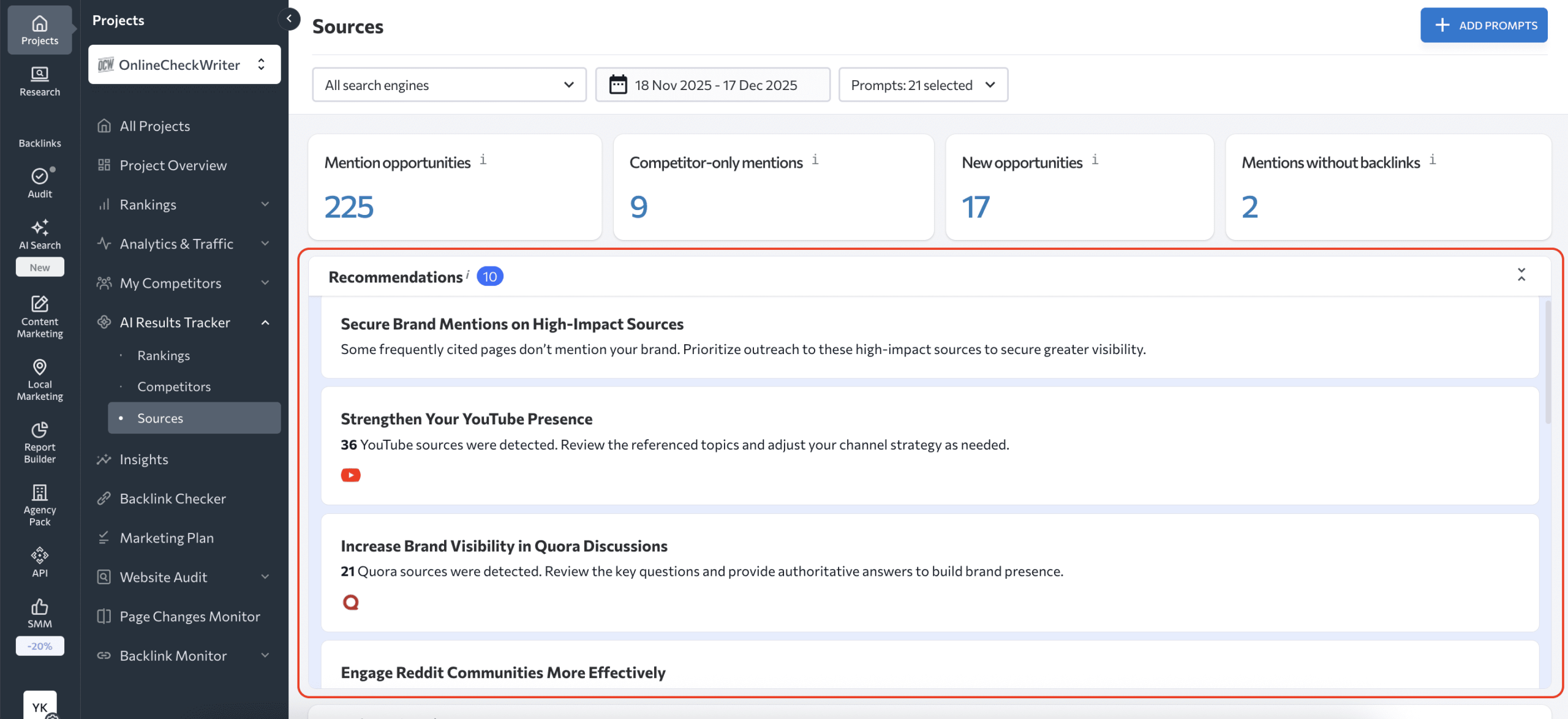 The list of custom recommendations for sources to focus on first Recommendations of what sources to focus on